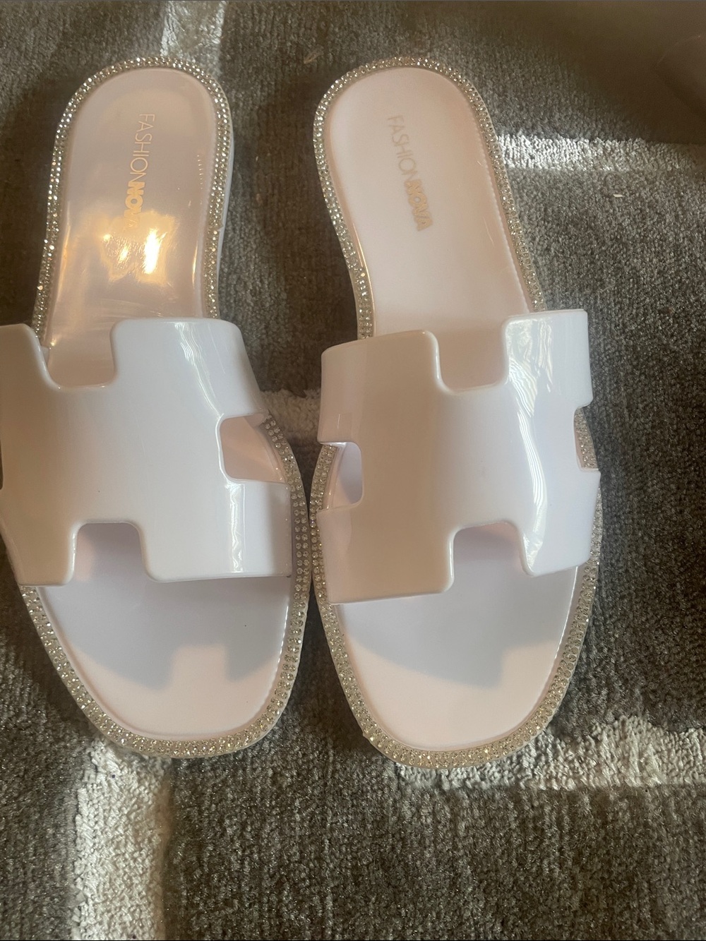 Fashion Nova White Patent Slide Sandals with Rhinestone Trim
